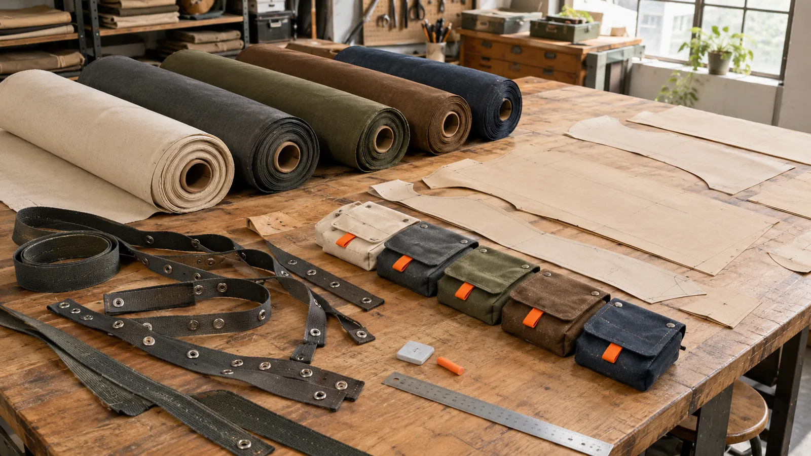 Workshop table with rolls of canvas, snap rails and pocket modules laid out