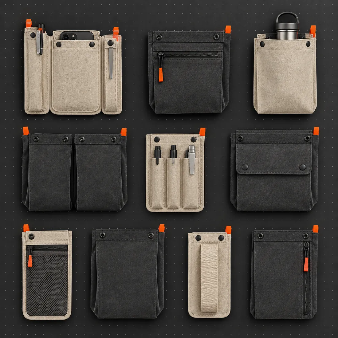 Pocket modules, pen sleeves and towel loops laid out in rows on a graphite board