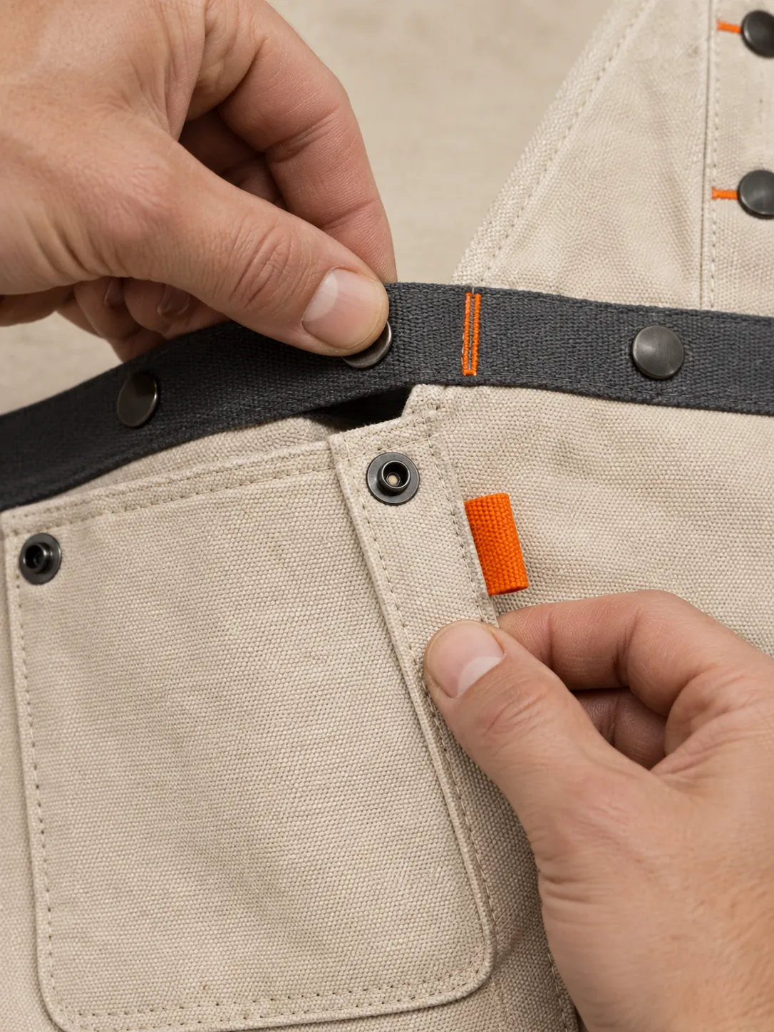 Bakehouse Bib Apron, close-up of the snap rail and pull tab