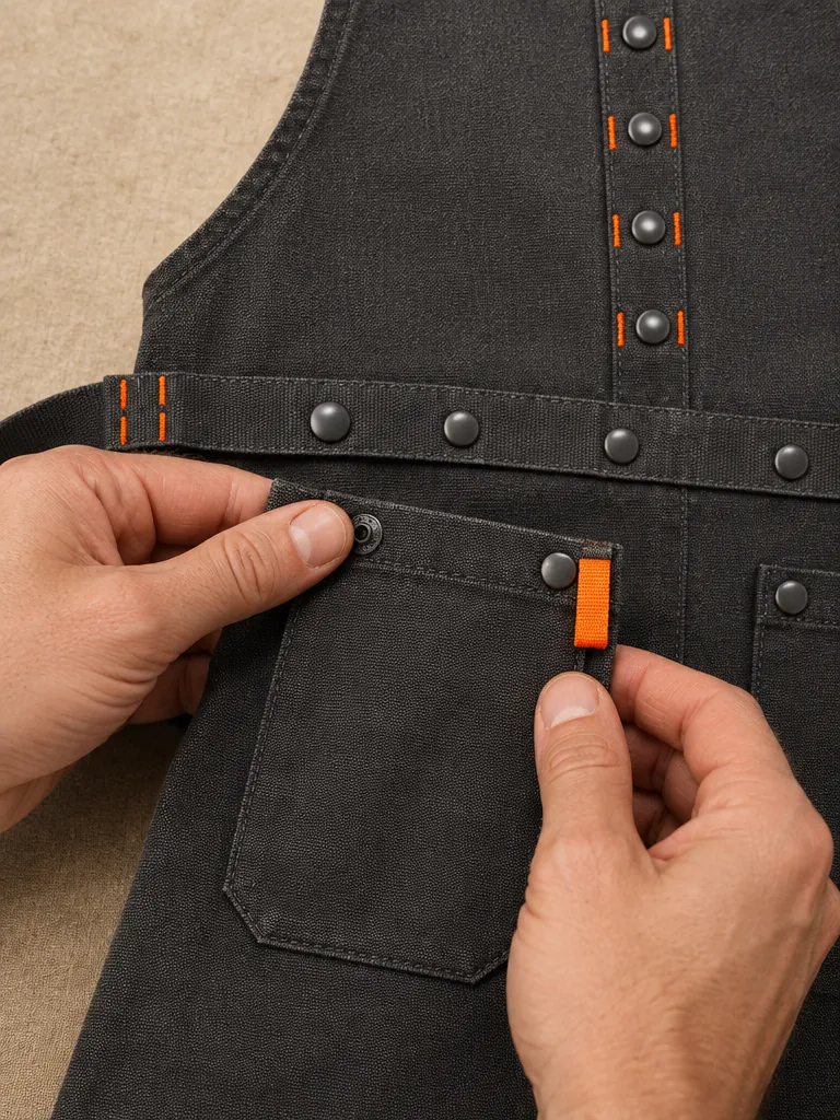 Bar Bib Apron, close-up of the snap rail and pull tab
