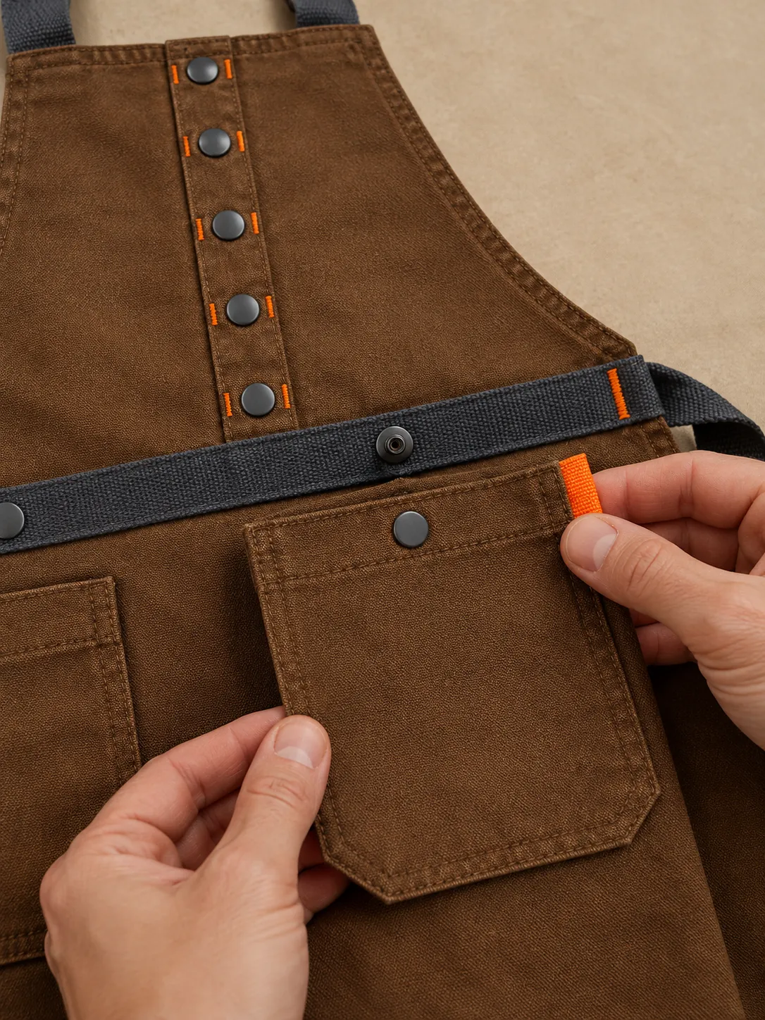 Barista Half-Bib Apron, close-up of the snap rail and pull tab