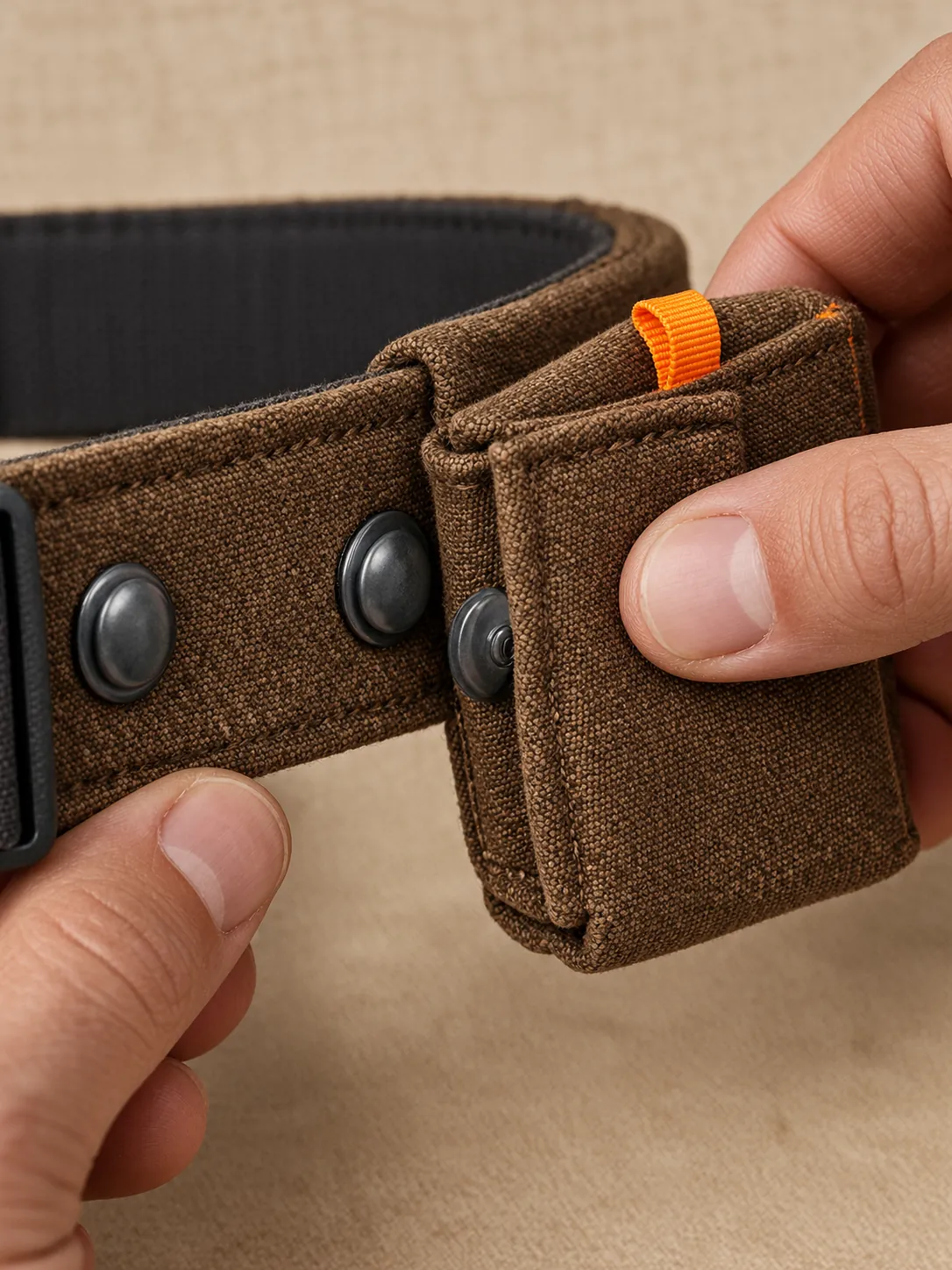 Barista Hip Belt, close-up of the snap rail and pull tab