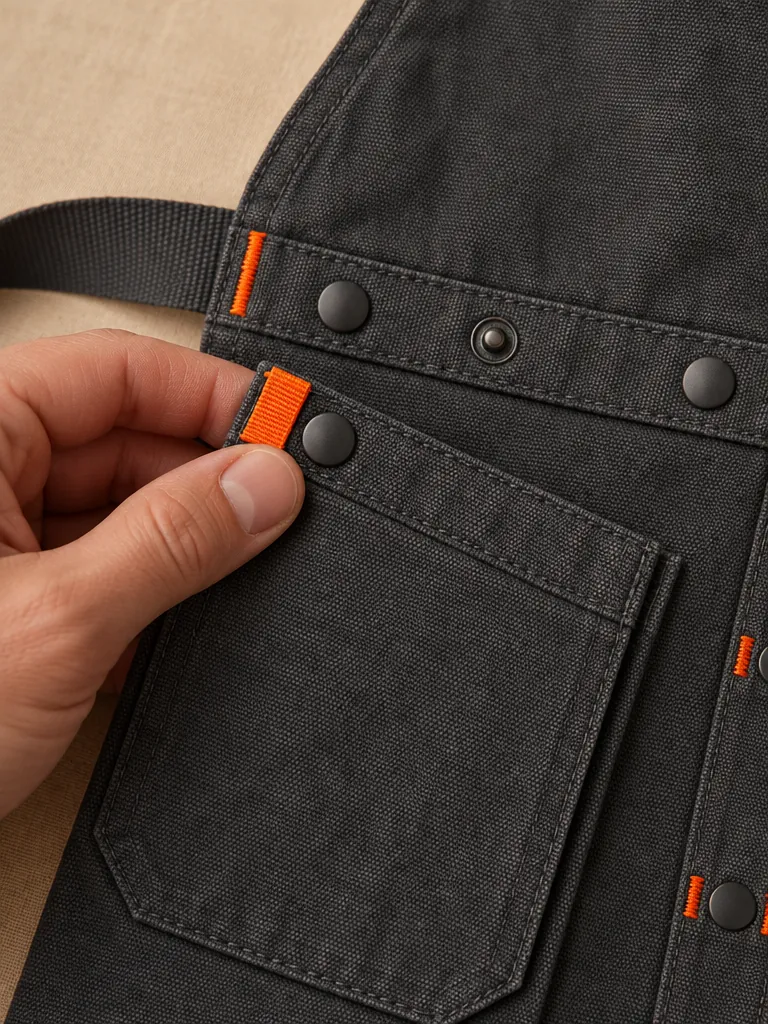 Butcher's Long Bib Apron, close-up of the snap rail and pull tab