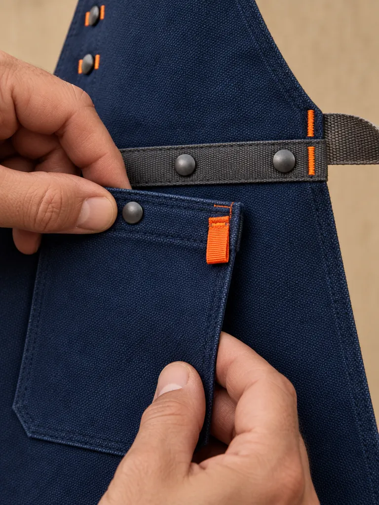 Café Counter Apron, close-up of the snap rail and pull tab