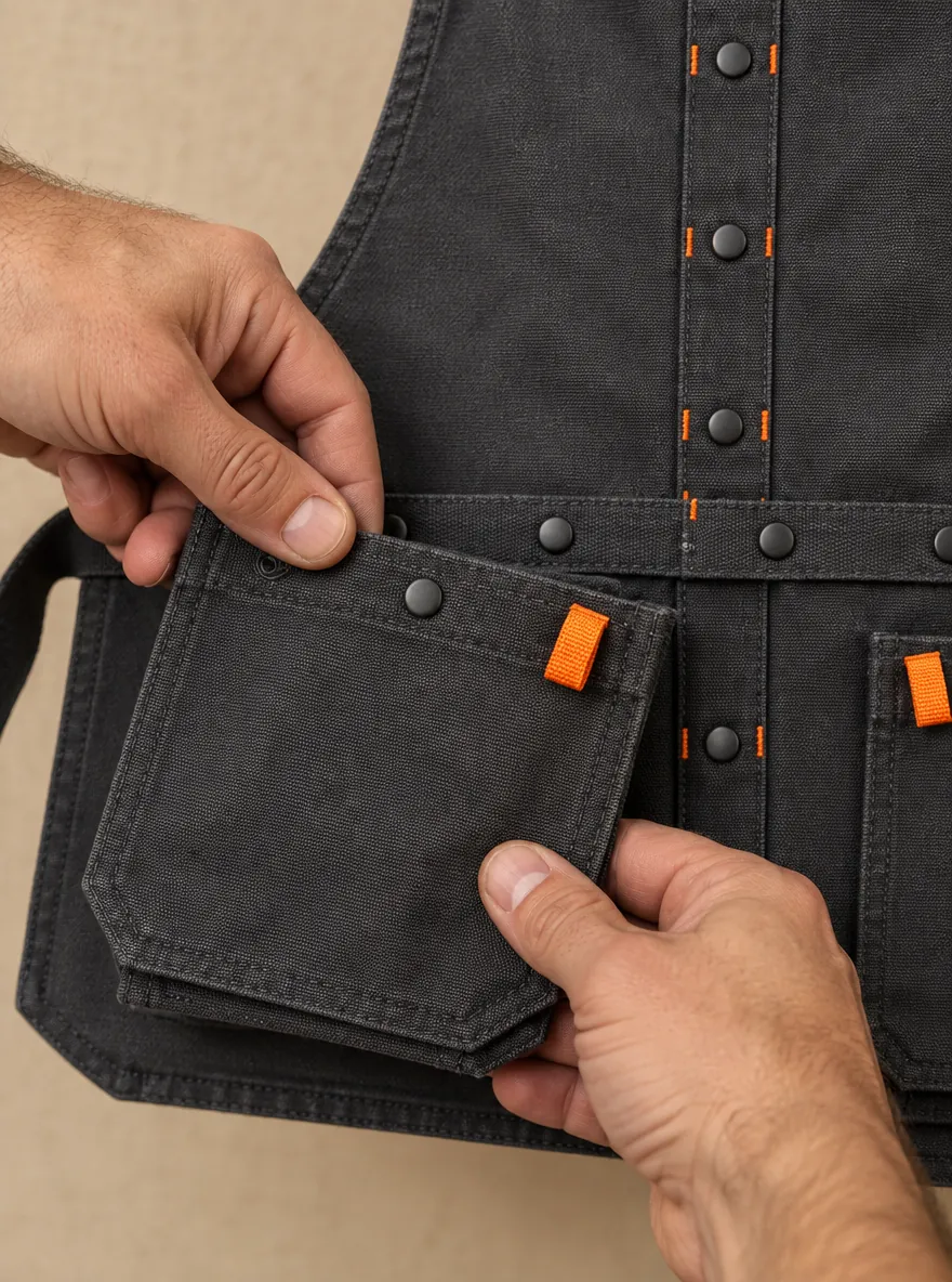 Convertible Vest Apron, close-up of the snap rail and pull tab
