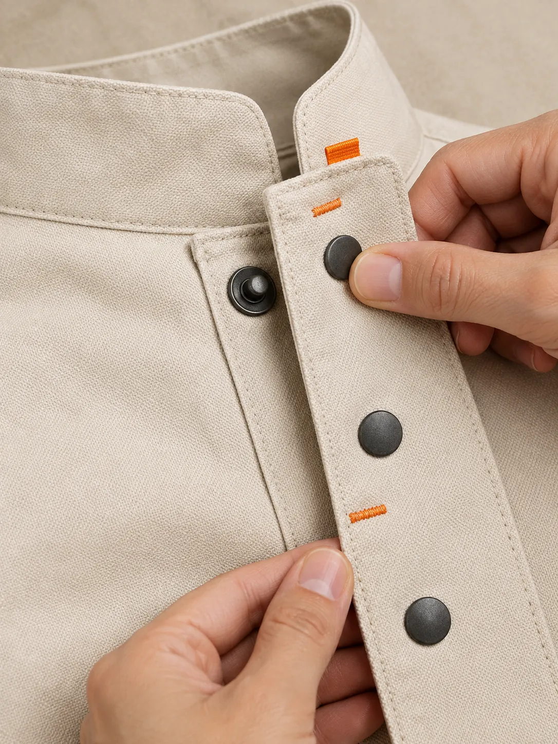 Cross-Over Chef Jacket, close-up of the snap rail and pull tab