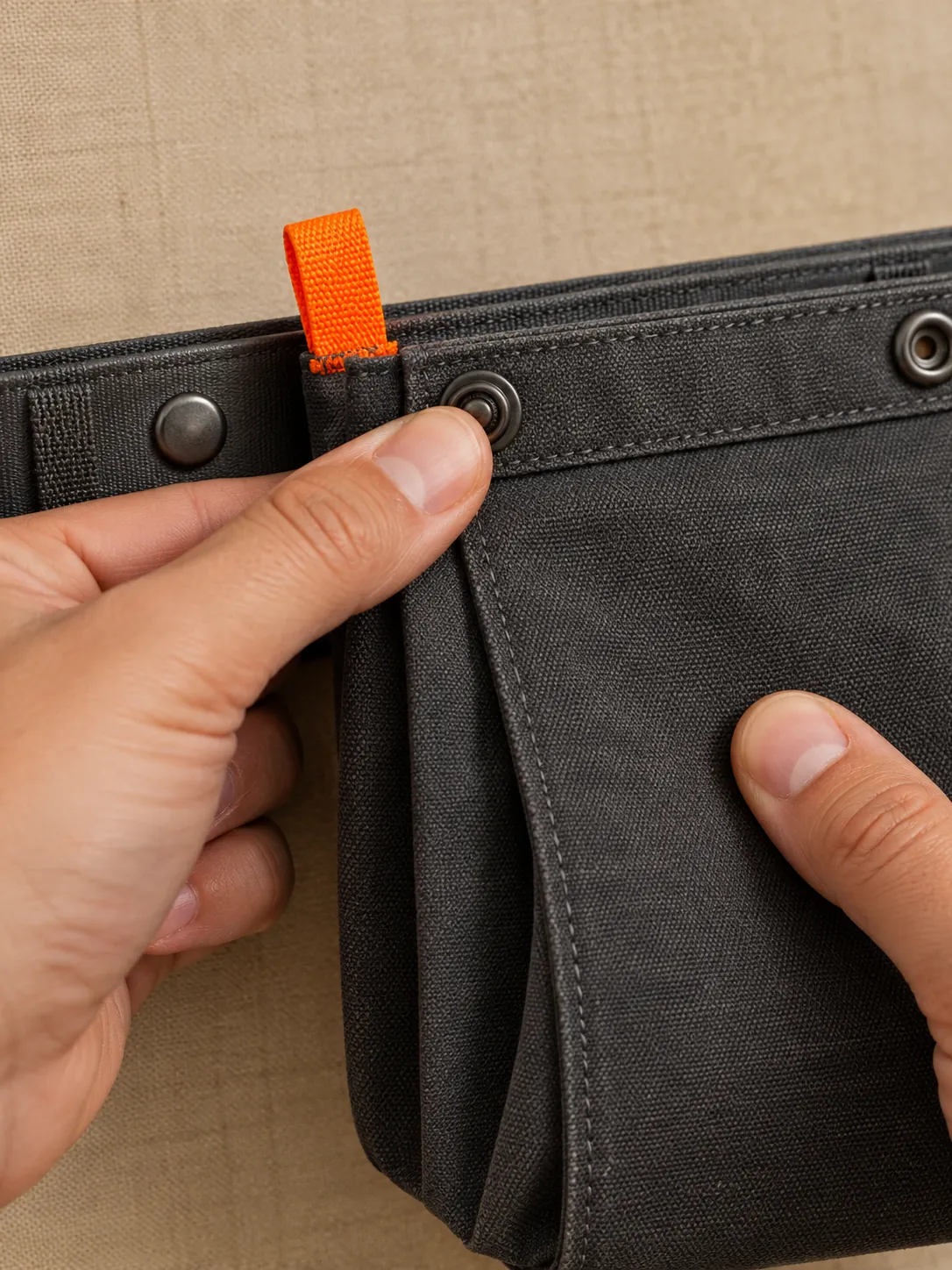 Deep Utility Pocket Pair, close-up of the snap rail and pull tab
