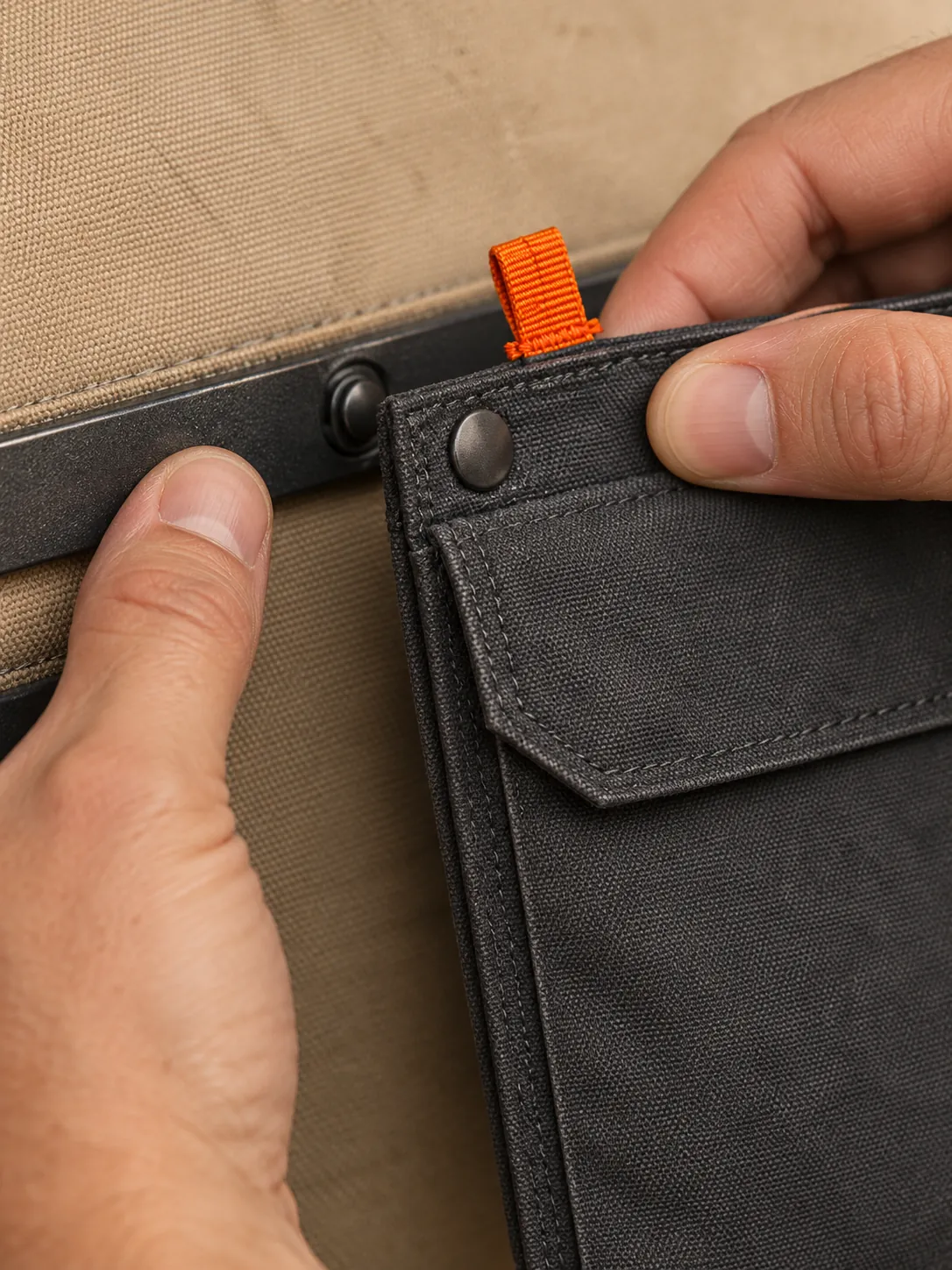 Flap Pocket Pair, close-up of the snap rail and pull tab