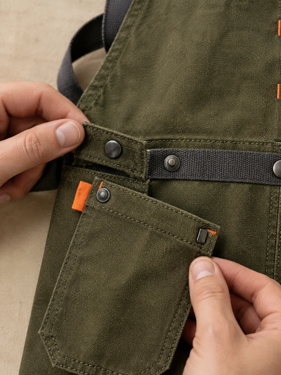Florist's Bib Apron, close-up of the snap rail and pull tab