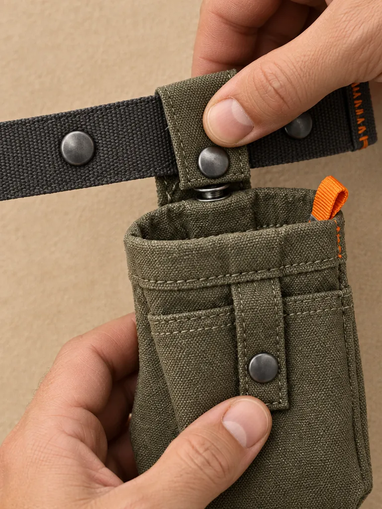Florist's Tool Belt, close-up of the snap rail and pull tab