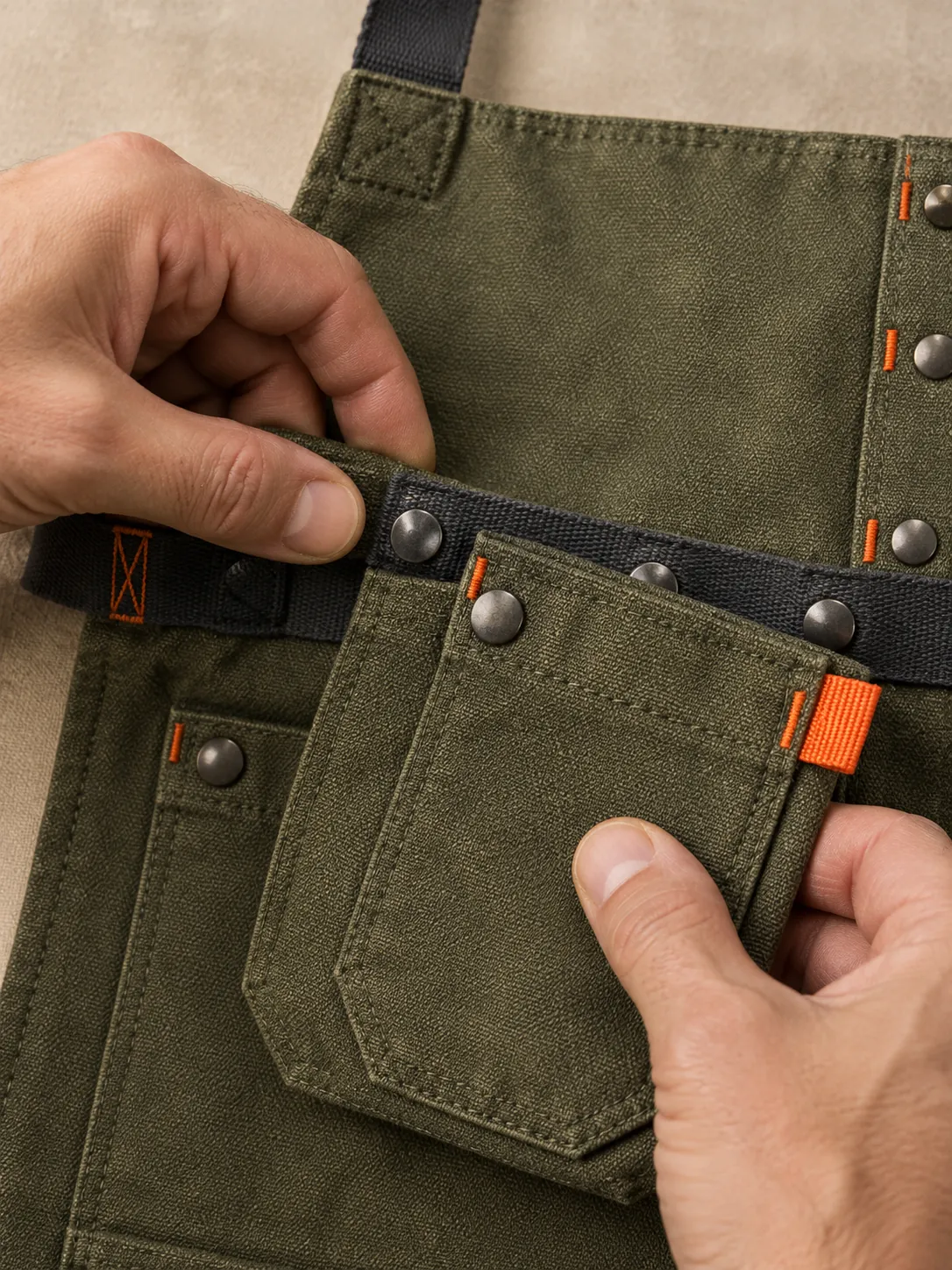 Garden Harvest Apron, close-up of the snap rail and pull tab