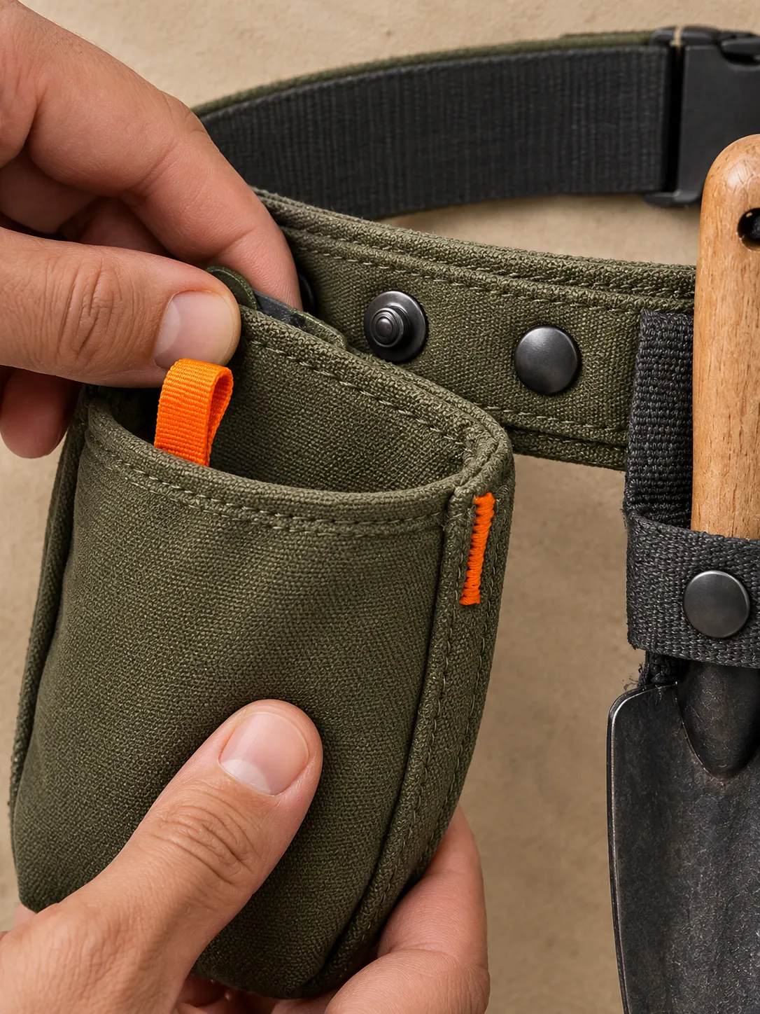 Garden Tool Belt, close-up of the snap rail and pull tab