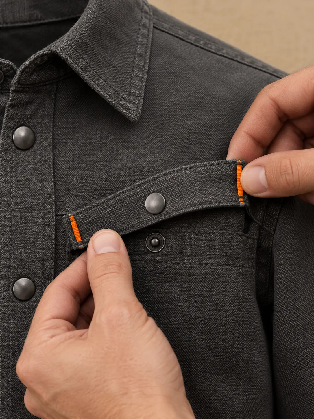 Kitchen Shirt Jacket, close-up of the snap rail and pull tab