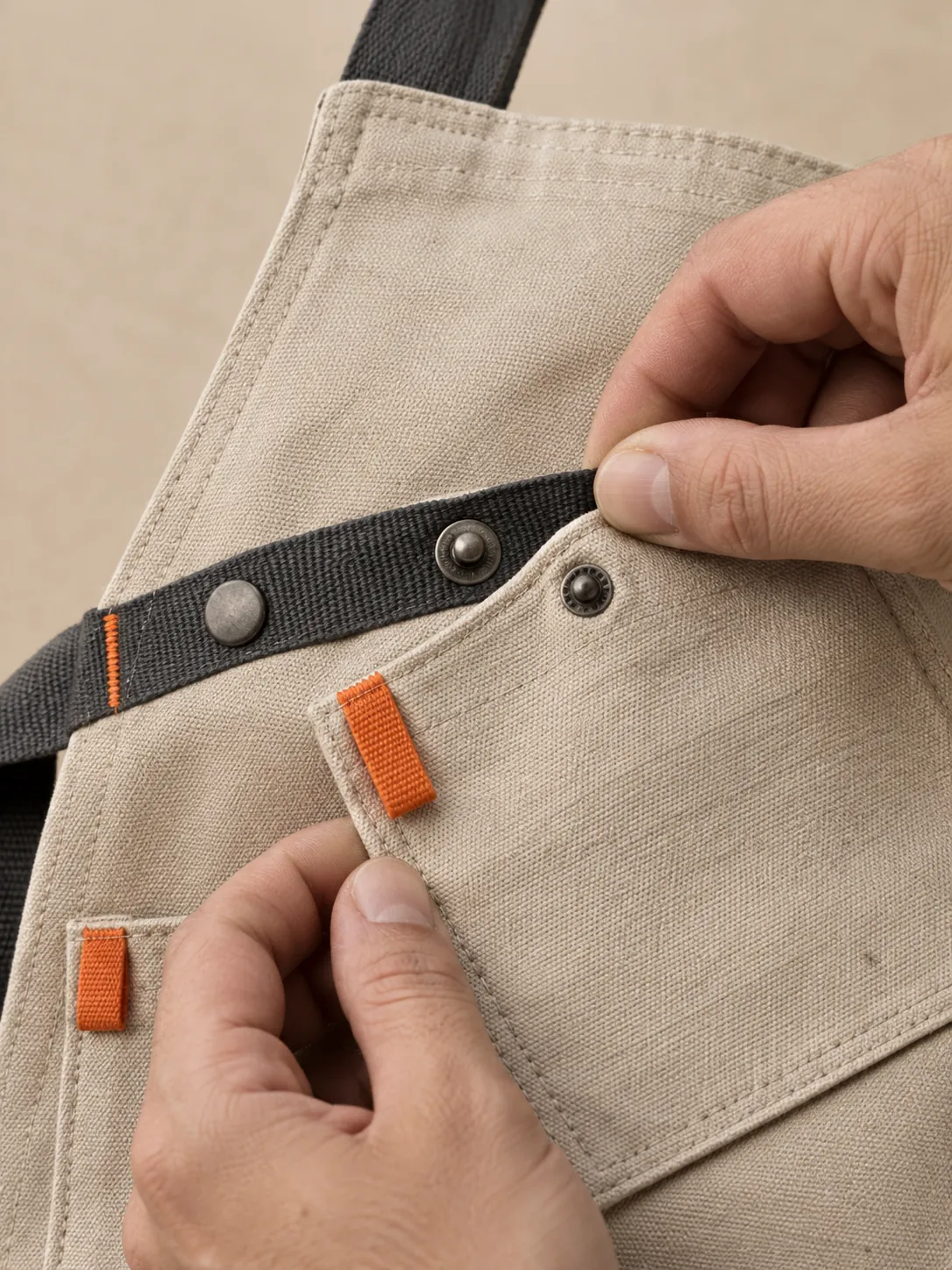 Line Bib Apron, close-up of the snap rail and pull tab