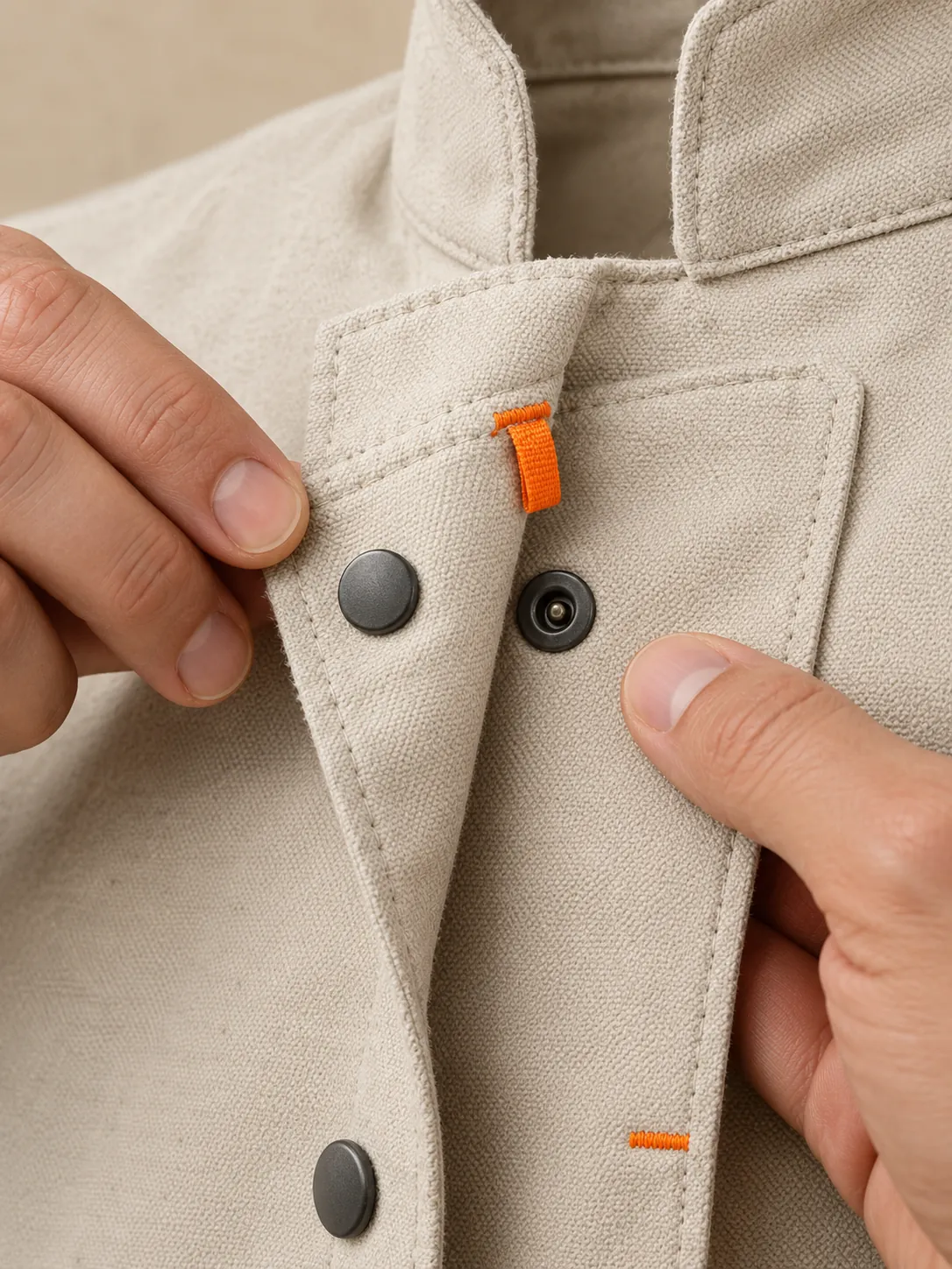 Line Chef Jacket, close-up of the snap rail and pull tab