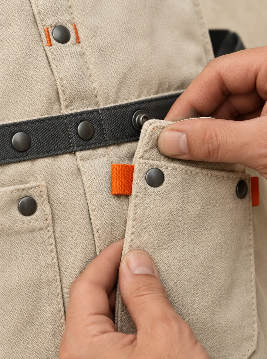 Maker's Split-Leg Apron, close-up of the snap rail and pull tab