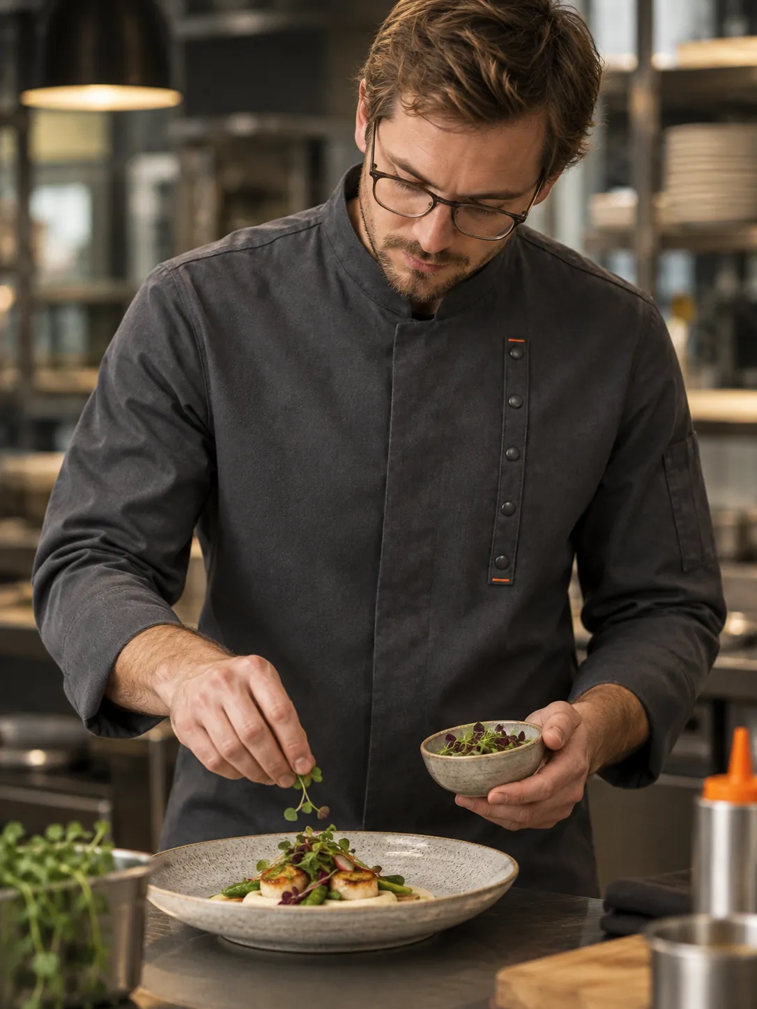 Mandarin Collar Chef Jacket in use at work