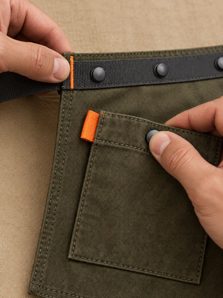 Market Stall Waist Apron, close-up of the snap rail and pull tab