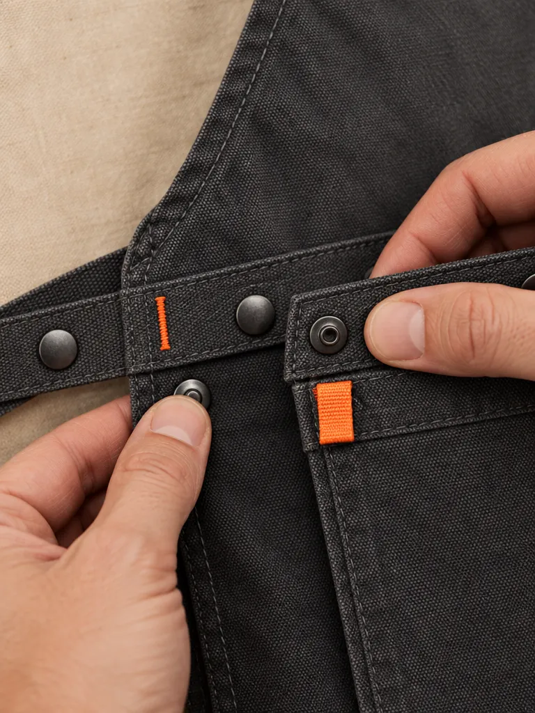 Pass Bib Apron, close-up of the snap rail and pull tab
