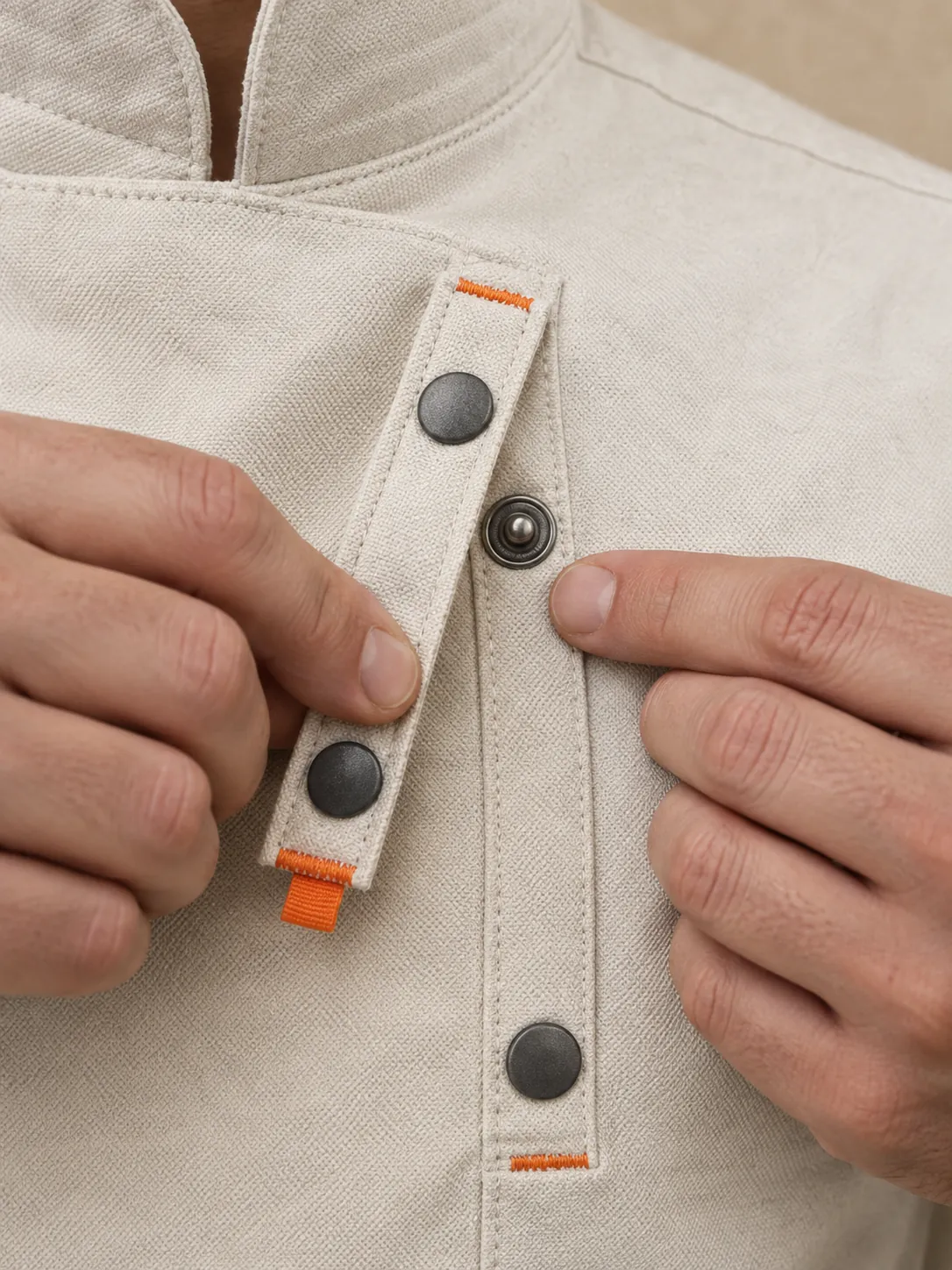 Pass Short-Sleeve Chef Jacket, close-up of the snap rail and pull tab