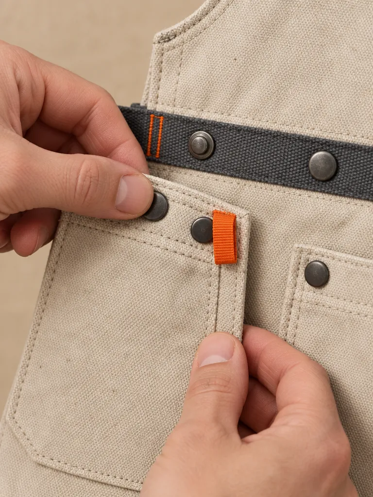 Pastry Short Bib Apron, close-up of the snap rail and pull tab