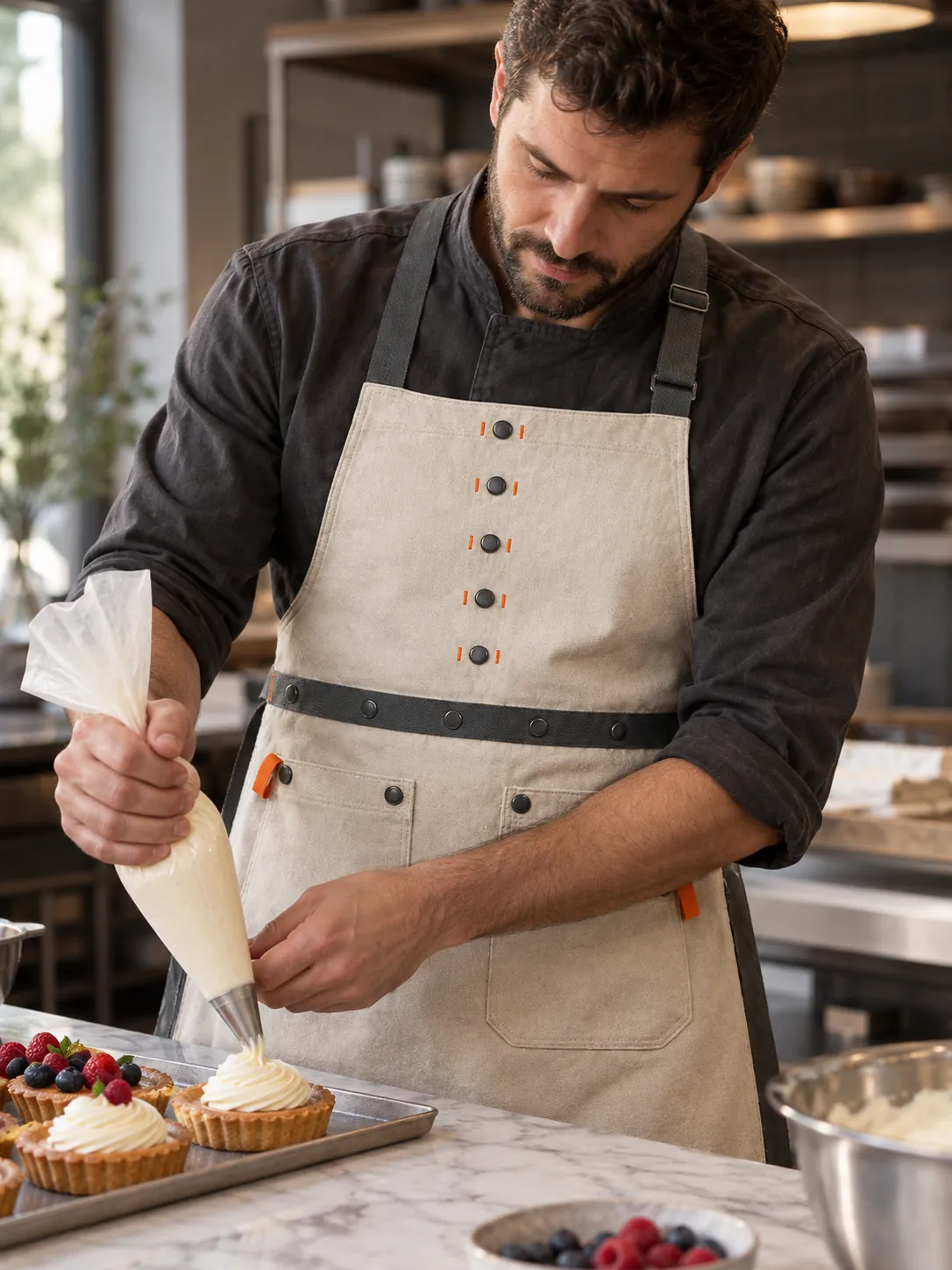 Pastry Short Bib Apron in use at work