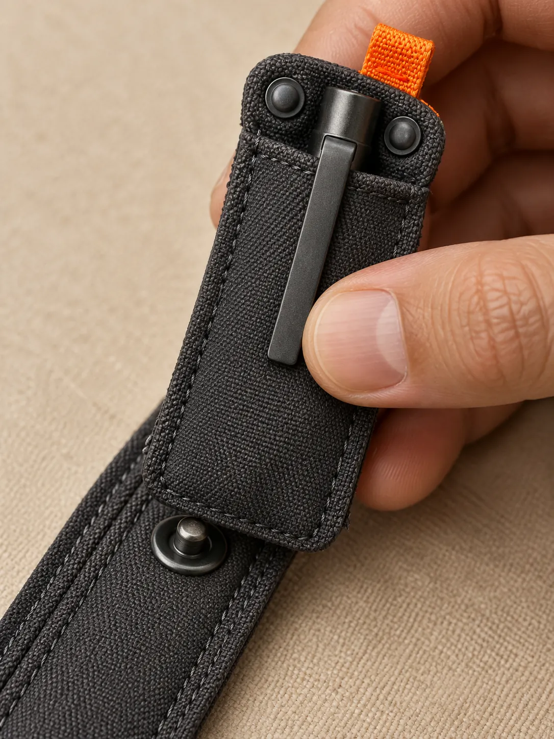 Pen Sleeve Trio, close-up of the snap rail and pull tab