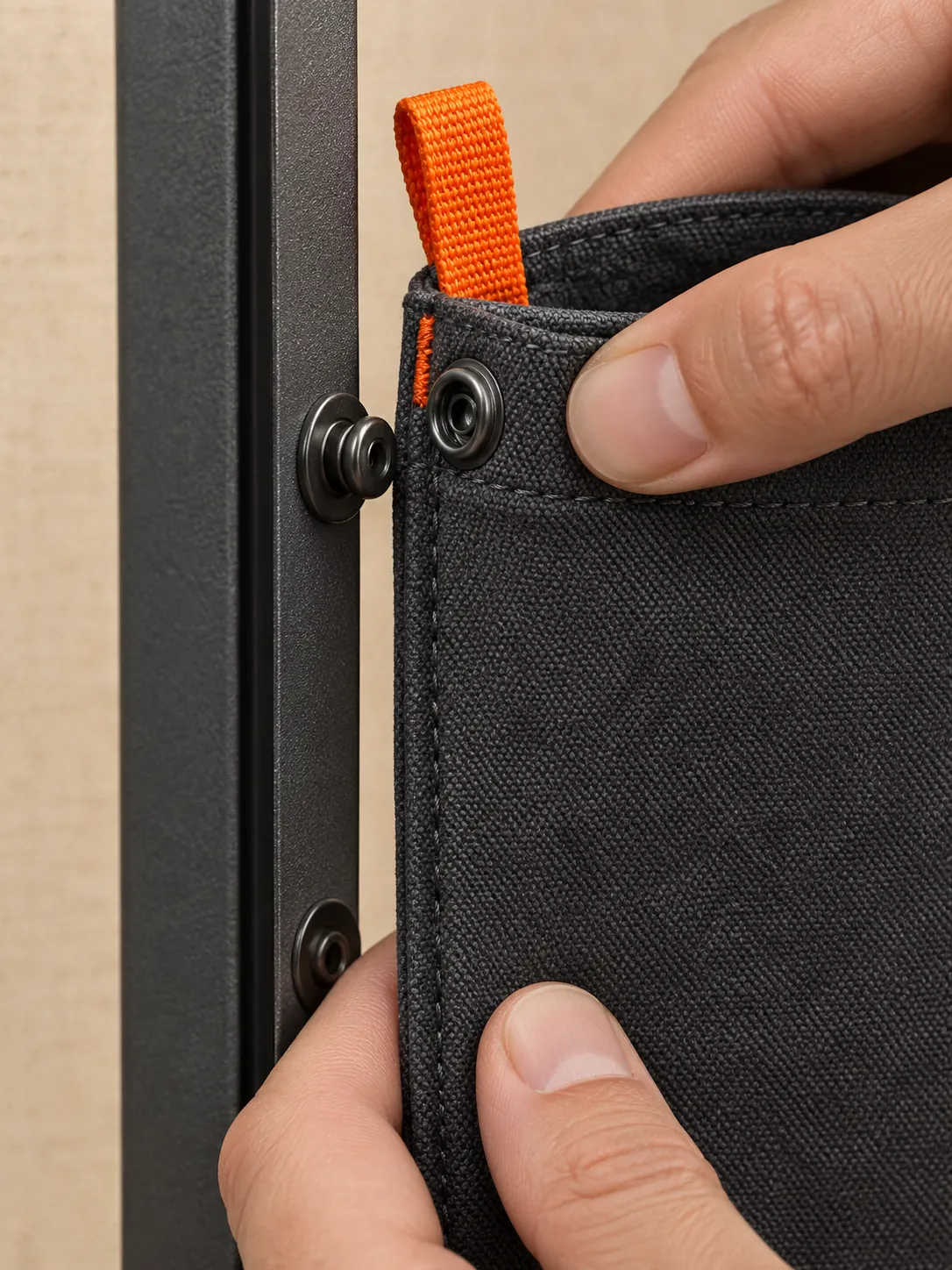 Phone Pocket Pair, close-up of the snap rail and pull tab