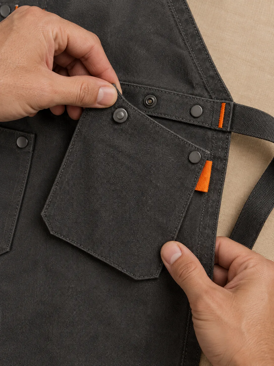 Salon Stylist Apron, close-up of the snap rail and pull tab