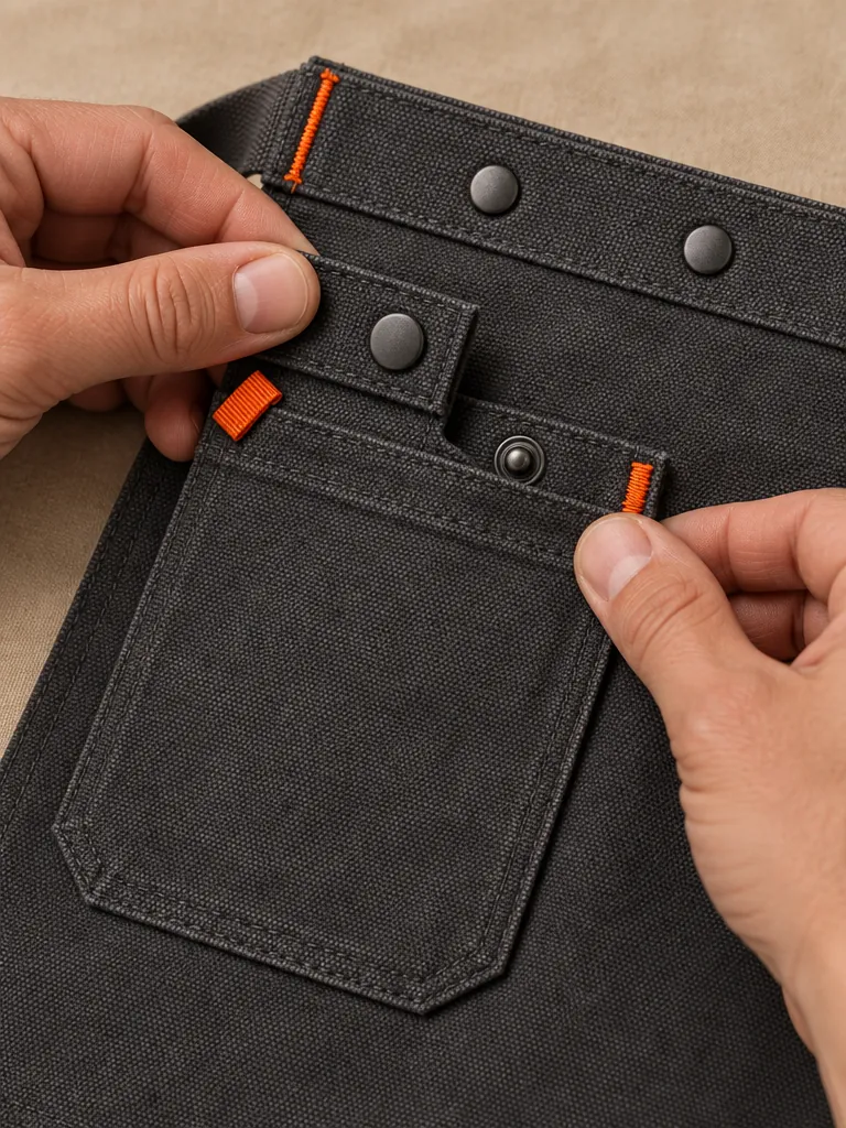 Server Short Waist Apron, close-up of the snap rail and pull tab