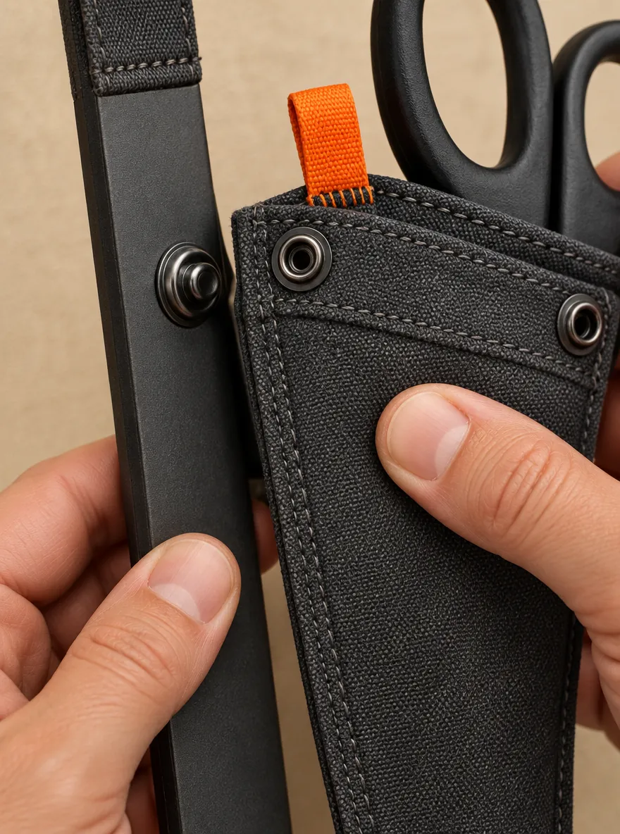 Shear Holster Pair, close-up of the snap rail and pull tab
