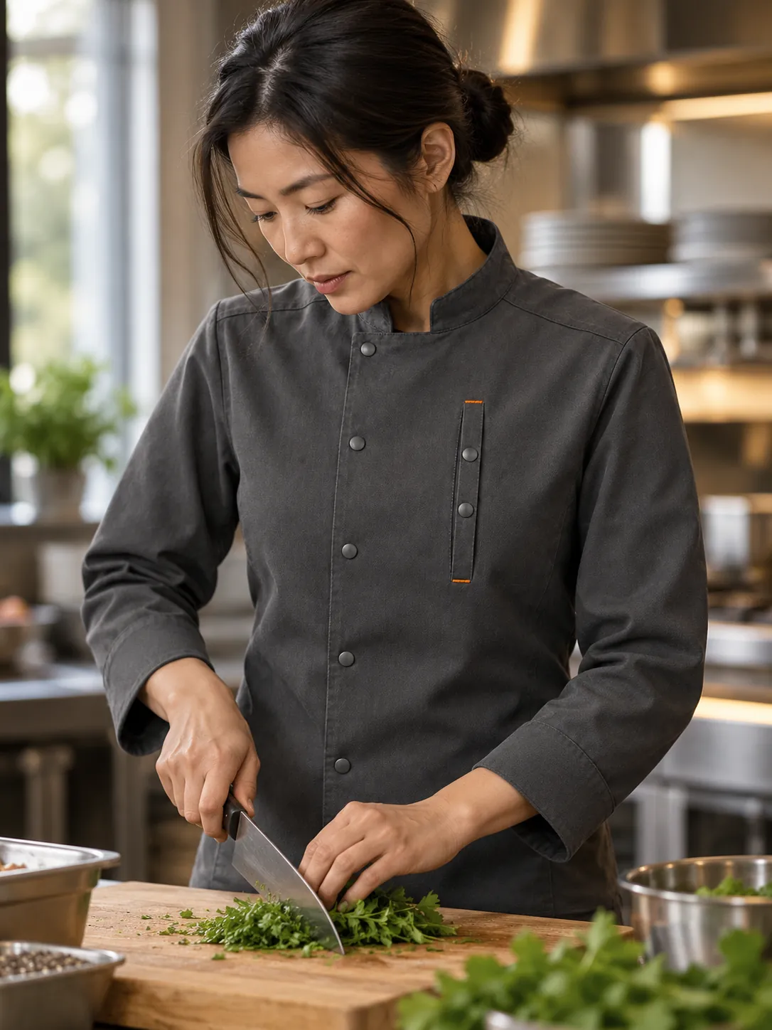 Snap-Front Chef Jacket in use at work