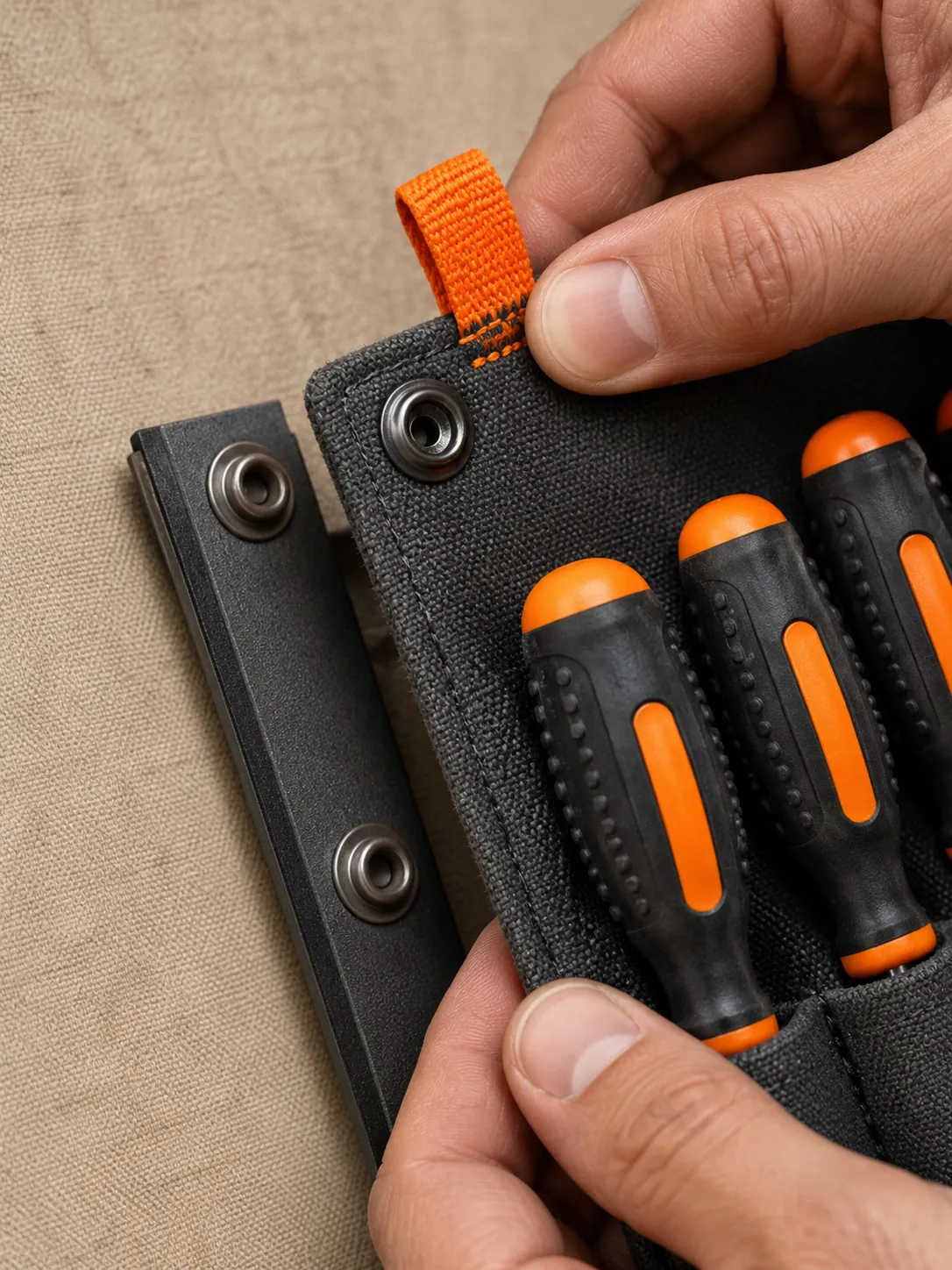 Tool Sleeve Trio, close-up of the snap rail and pull tab