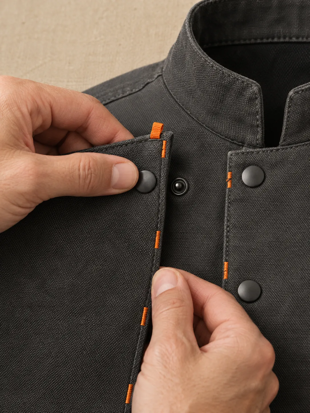 Utility Chef Jacket, close-up of the snap rail and pull tab