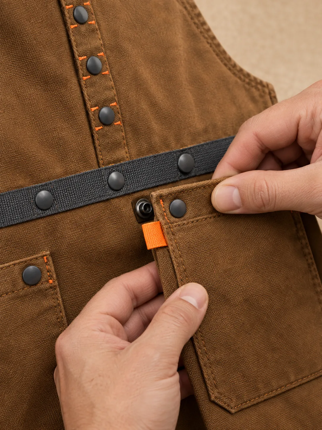 Woodshop Cross-Back Apron, close-up of the snap rail and pull tab