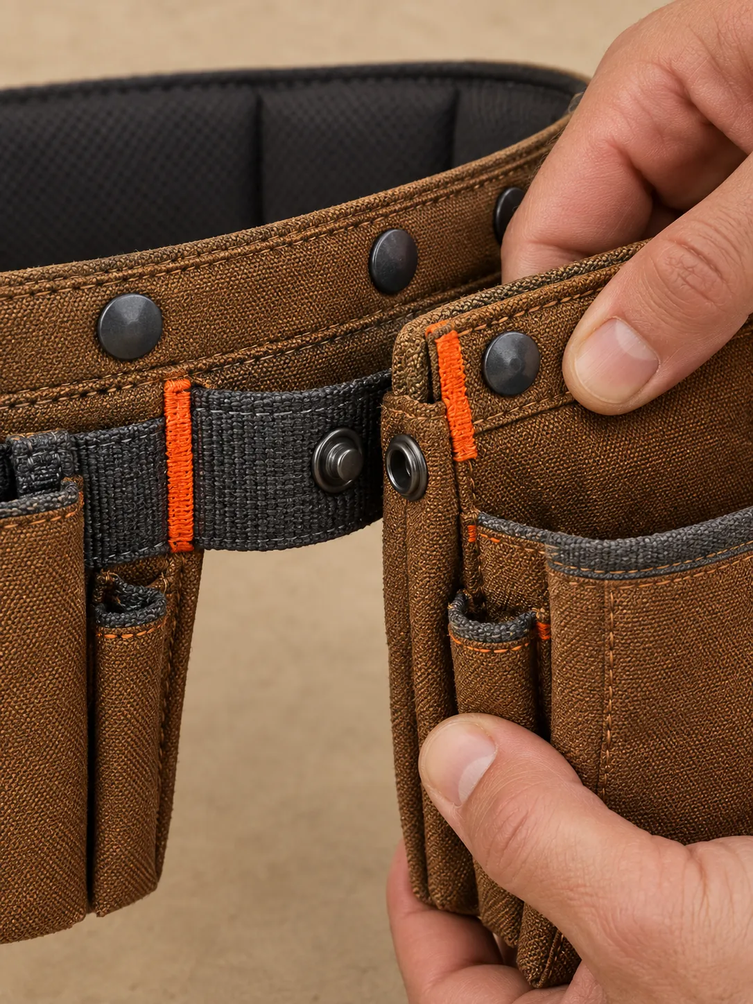 Workshop Tool Belt, close-up of the snap rail and pull tab