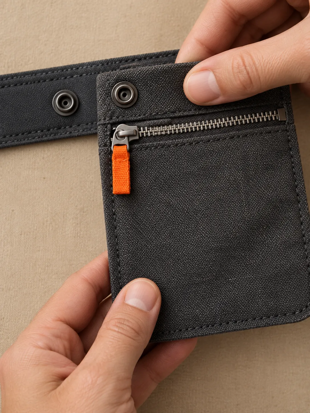 Zip Pocket Pair, close-up of the snap rail and pull tab